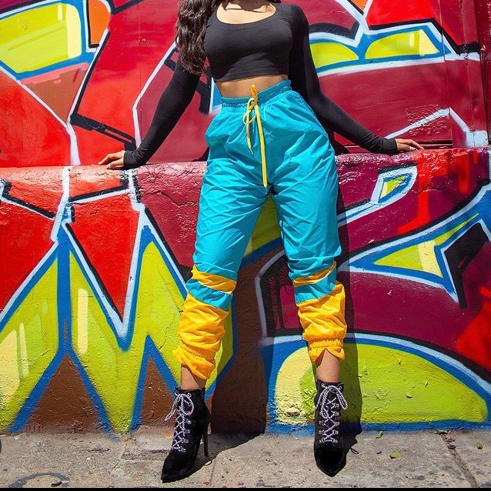 Blue and yellow jogger pants